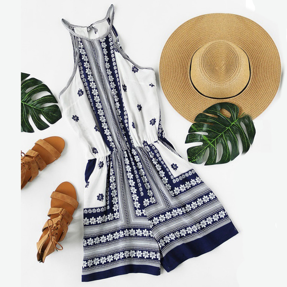 Pants - Floral Printed Split Back Self Tie Halter Romper